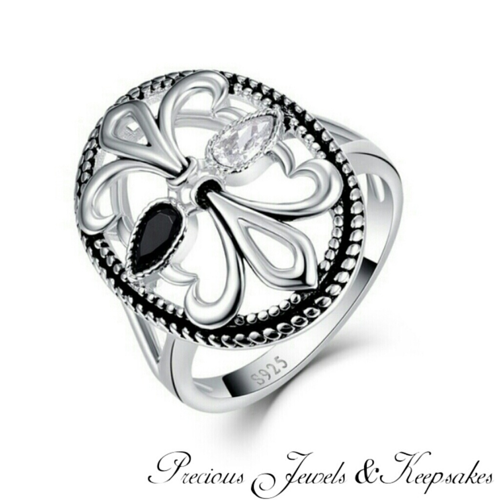 AAA Black Spinel & White Topaz Fleur-De-Lis Ring